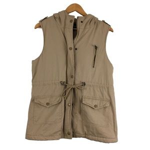 Zenana Outfitters Tan Utility Cargo Hooded Fur Vest Size L